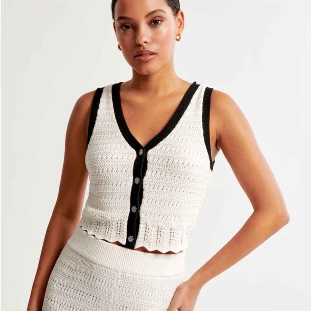 Abercrombie Black and White Crochet Button Up Vest Top